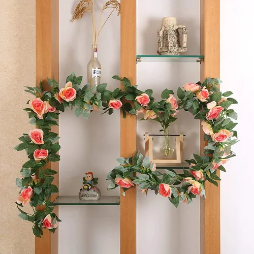 Vista 6 de Guirnalda de vid de rosas falsas de 16 pies, plantas artificiales para colgar, hiedra rosa, hogar, hotel, oficina, boda, fiesta, decoración