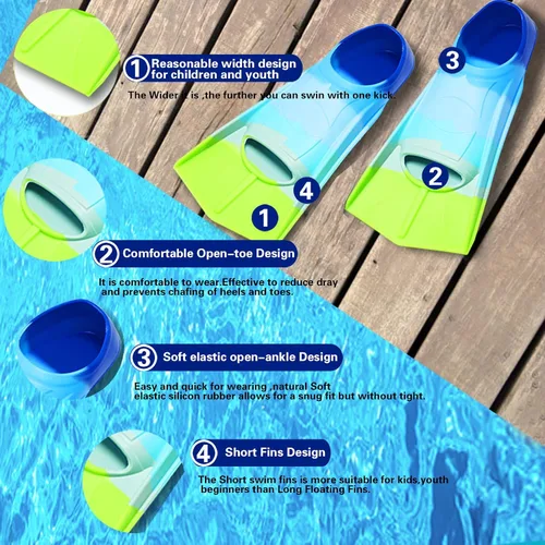 Vista 2 de Aletas de natación para niños, aletas cortas para jóvenes, aletas de entrenamiento de natación para natación de regazo, para niños y niñas Arco