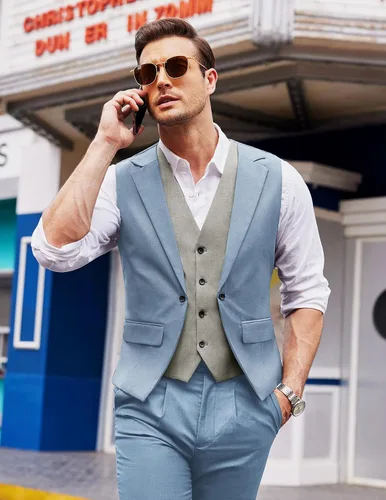 Vista 2 de COOFANDY Chaleco para hombre en capas para traje de negocios, chaleco de vestir formal, chaleco de boda, ajuste delgado