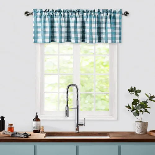 Vista 12 de Cortinas de cocina con cenefa a cuadros blancos y negros de 55 x Negro/blanco