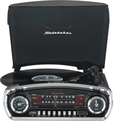 Vista 3 de Studebaker Tocadiscos de control de tono de 3 velocidades con receptor Bluetooth Radio estéreo AM/FM/ranura USB para reproducción de MP3/auriculares