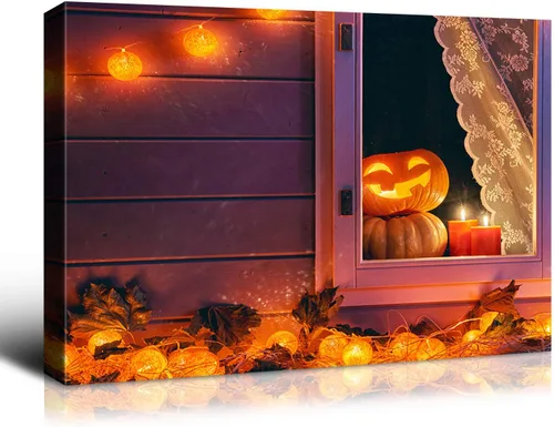 Vista 41 de Denozer - Decoración de pared de calabaza de Halloween, pósteres de regalo, decoración del hogar, arte de pared, imágenes en lienzo HD, estiradas