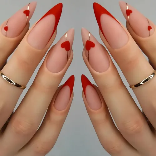 Vista 8 de Uñas postizas a presión para el día de San Valentín, uñas postizas cortas cuadradas con corazón de amor, uñas acrílicas con corazones rojos 01.