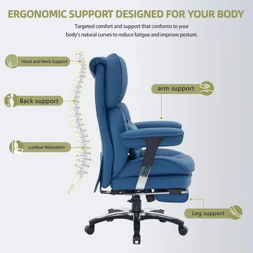 Vista 6 de Efomao Silla de oficina grande y alta con reposapiés, silla de computadora de respaldo alto con reposabrazos ajustables, silla de oficina ejecutiva