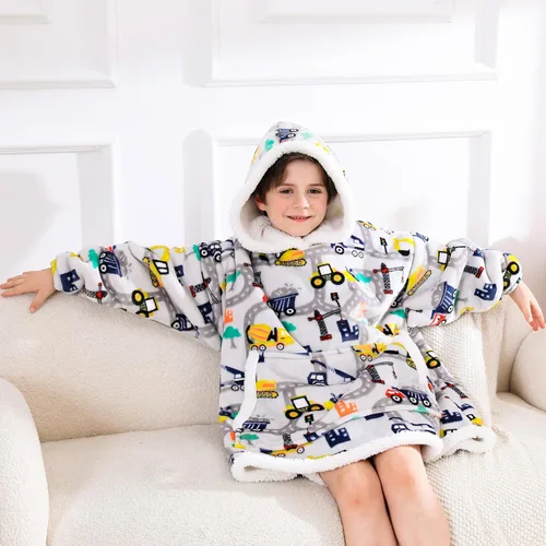 Vista 5 de Sudadera Manta, Manta Vestible de Vellón Sherpa para Niños, Manta con Capucha de Franela Afelpada, Regalo de Sudadera con Bolsillo Gigante