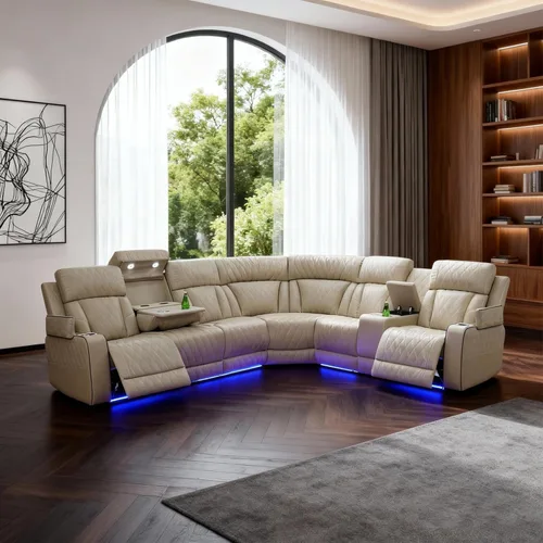 Vista 8 de Sofá Seccional Reclinable Eléctrico de Cuero Blanco Crema, Mueble Sala Cine en Casa con Iluminación LED, Consola Almacenamiento, Portavasos y Carga