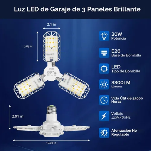 Vista 2 de SANSI Luces de garaje, equivalente a 300 W. Iluminación de garaje LED de techo, luz deformable para taller, 30 W 5000 K luz diurna atornillada