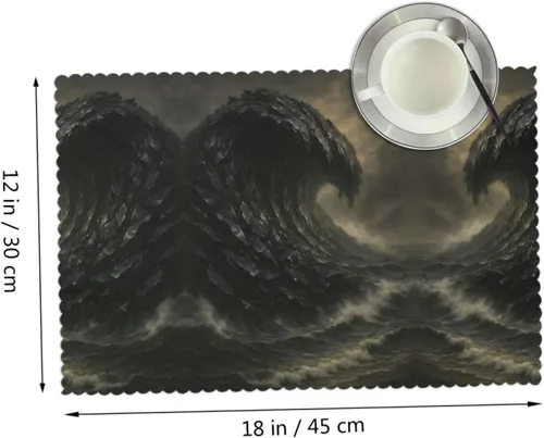 Vista 2 de Rectangular Placemats Set of 4, Heat Resistant Obsidian Tsunami Printed Kitchen Dining Table Mats