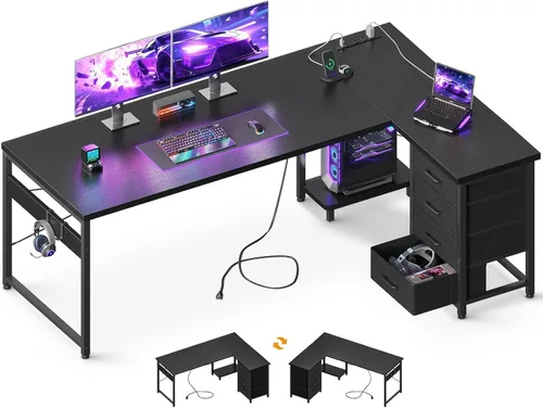 Vista 16 de AODK Escritorio para juegos en forma de L con 4 cajones, escritorios reversibles de oficina en casa de 53 pulgadas con tomas de corriente
