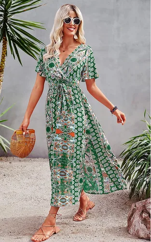 Vista 7 de CCTOO Vestido largo de verano para mujer, estilo casual, bohemio, floral, cuello en V, manga corta, con volantes, con abertura, vestido largo