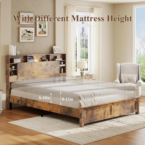 Vista 5 de Base de cama con cabecera de almacenamiento, plataforma de madera con estantes, carga USB y tipo C y luces LED, no necesita somier, sin ruido, fácil