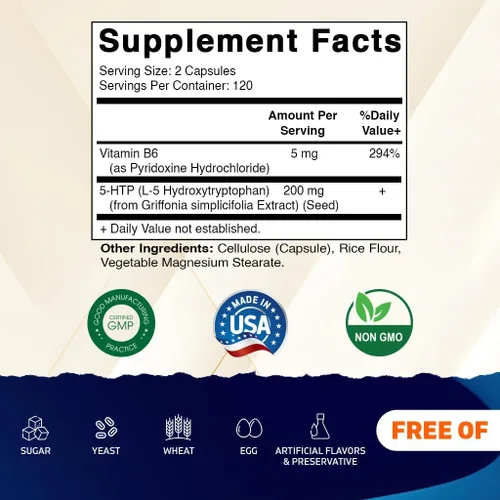 Vista 2 de Vitamatic 5-HTP 200mg con B6 5mg por porción – 240 cápsulas vegetarianas (5-hidroxitriptófano)