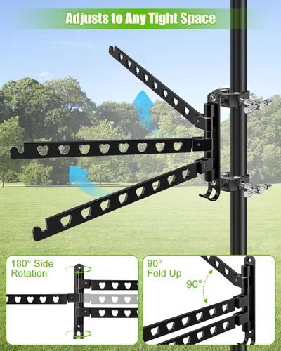 Vista 4 de Estante de secado de ropa de escalera RV de aluminio de 3 brazos con abrazaderas de acero inoxidable 304 180° ajustable, capacidad de carga de 90