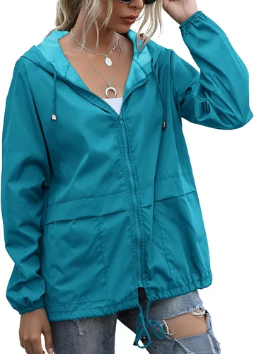 Vista 33 de PESION Chaqueta impermeable ligera para mujer, rompevientos con capucha y bolsillo para exteriores Verde militar