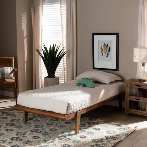 Vista 2 de Baxton Studio Kaia Mid-Century - Marco de cama moderno de madera con acabado marrón nogal, tamaño individual