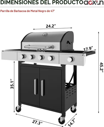 Vista 2 de Aoxun Parrilla de propano de 4 quemadores con quemador lateral, parrilla de gas de 49000 BTU, parrilla de acero inoxidable para exteriores con Negro