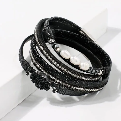 Vista 3 de Artilady Leather Wrap Bracelet for Women, Pearl Beaded Bangle Stack Jewelry Negro