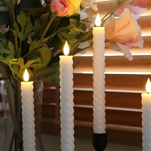 Vista 4 de Rhytsing Velas cónicas sin llama blancas de 10 pulgadas con temporizador, velas cónicas en espiral que funcionan con baterías, luz blanca cálida