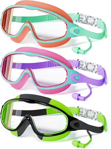 Vista 15 de Paquete de 3 gafas de natación para niños, con tapones para los oídos, marco grande, antivaho, UV, visión amplia, para niños y niñas de 4 a 12 años