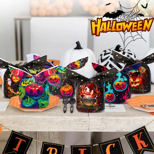 Vista 3 de Weenkilly 100 Bolsas de Golosinas de Halloween, 6 Estilos de Bolsas de Dulces para Niños, Linda Bolsa de Plástico con Orejas de Conejo, Bolsa