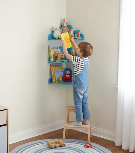 Vista 5 de Cloud - Juego de 3 estantes de pared para colgar en la esquina, estante para libros de guardería, diseño festoneado, hoja segura y no tóxica, fondo