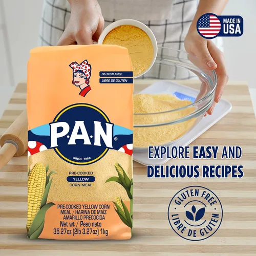 Vista 4 de P.A.N. Harina de Maíz Amarillo - Harina Precocida sin Gluten y Kosher para Arepas, 1 kg (35 oz / 2 lb 3.3 oz)
