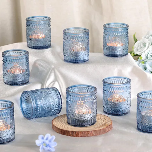 Vista 10 de MATAHUM 36 Piezas de Portavelas Votivos Azules, Portavelas de Cristal para Luz de Té para Centro de Mesa de Boda, Centro de Mesa, Decoraciones