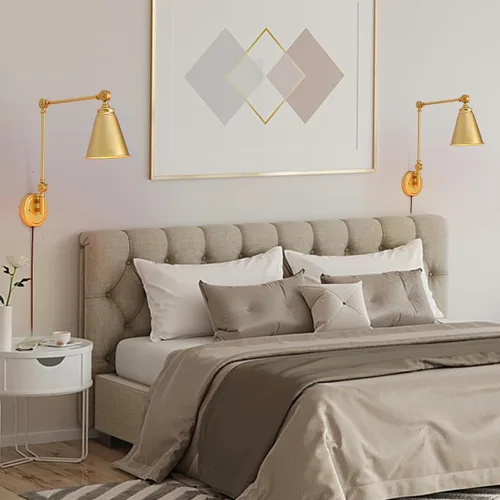 Vista 2 de Moderno aplique de pared enchufable, lámpara de pared inalámbrica de latón dorado con brazo oscilante para dormitorio, accesorios de pared