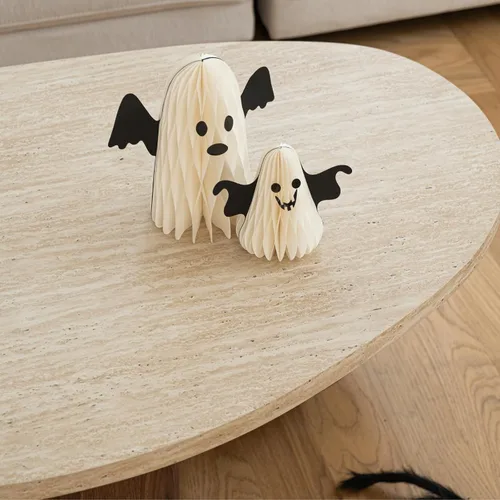 Vista 5 de Mesa auxiliar ovalada moderna de 55 pulgadas, patas de diseño de nogal y mesa curva con acabado de mármol sintético, mesa central de sofá de madera