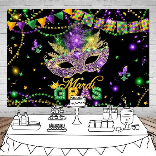 Vista 2 de Mocsicka Mardi Gras - Telón de fondo con purpurina dorada y verde púrpura, máscara de fiesta de máscaras, decoración de fiesta de carnaval, baile