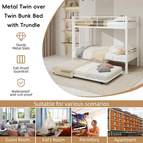 Vista 4 de Twin Over Twin Bunk Bed with Trundle, Heavy Duty Bunk Beds Frame with Side Ladders Convertible Bunkbed with Safety Guard Rails, No Box Spring Needed