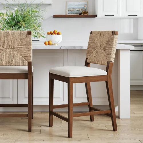 Vista 11 de Nathan James Beacon Taburete de bar bohemio con respaldo, de altura de bar, silla para isla de cocina, taburete de bar de seagrass, bouclé