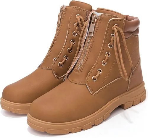Vista 4 de Dadawen - Botines de trabajo estilo combate para mujer, con puntera redonda, al tobillo, impermeables, con cordones, tacón bajo