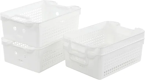Vista 7 de Saedy Paquete de 4 cestas organizadoras apilables de plástico con asa, color blanco Cesta de almacenamiento apilable, para gabinete de cajón