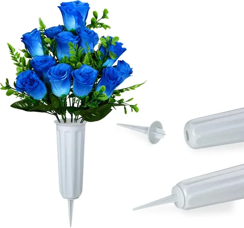 Vista 3 de XONOR Flores artificiales de cementerio, juego de 2 ramos de rosas artificiales, flores conmemorativas con jarrón para decoración de lápidas de Azul