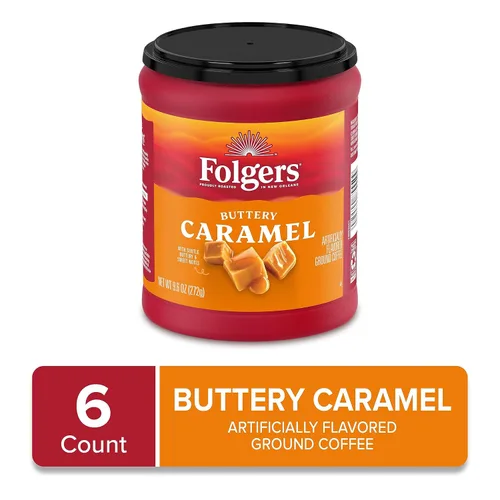 Vista 2 de Folgers Café molido con sabor a caramelo mantequilla, recipiente de 9.6 onzas (paquete de 6)