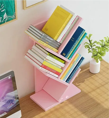 Vista 4 de Estantería de árbol, estantería de pie de 4 capas, la estantería de escritorio puede contener libros, revistas, CD y álbumes de fotos, estante