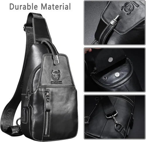Vista 4 de BULLCAPTAIN Bolso bandolera de cuero genuino para hombre, mochila cruzada para senderismo, casual, bolsa de hombro con puerto de carga USB