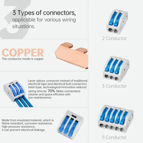 Vista 3 de 50 conectores de cable de palanca, conector conductor de empalme compacto para cables flexibles de trenzado sólido 28-12 AWG (azul)