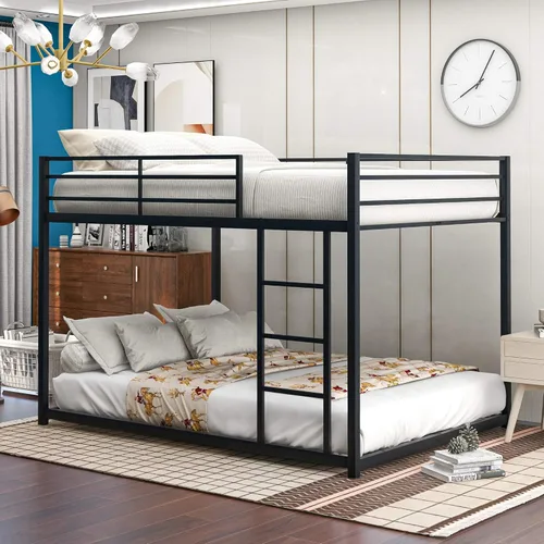 Vista 11 de PURLOVE Litera de metal individual XL sobre Queen para niños, litera baja con escalera, no necesita somier, color negro plateado