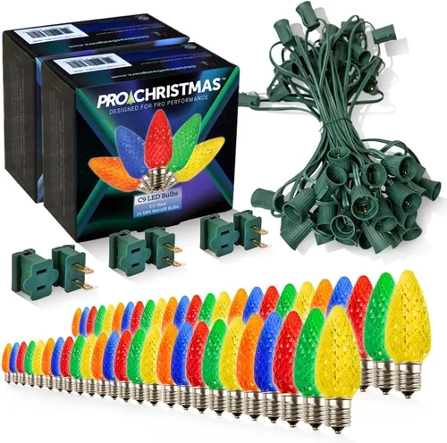 Vista 17 de Pro Christmas - Kit de luces C9 para exteriores, blanco cálido, cable verde, 50 bombillas, 50 pies