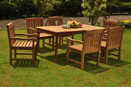 Vista 4 de NUEVO 7 pieza Lujoso grade-a – Juego de comedor para exteriores de madera de teca 71" rectángulo Mesa de comedor y 6 Devon Brazo/Capitán Sillas #