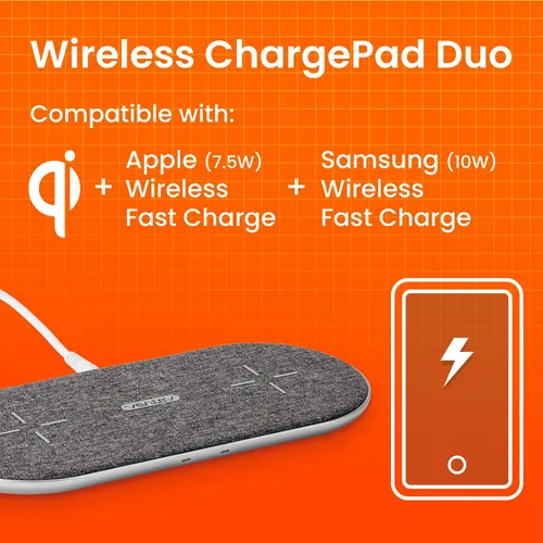 Vista 4 de Ventev Cargador inalámbrico Duo con tecnología Qi Estación de carga rápida Samsung y Apple para dos teléfonos a la vez Funciona como cargador