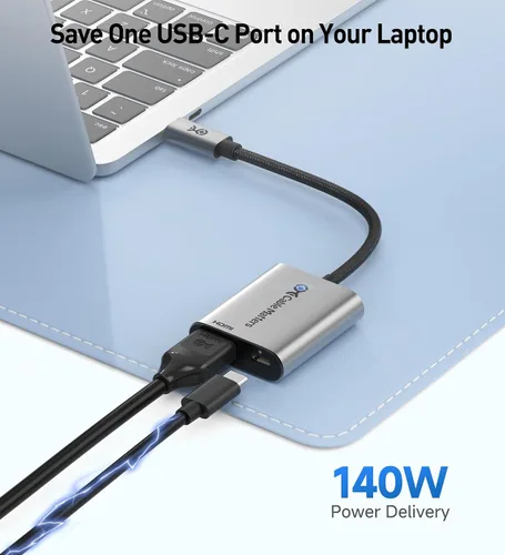 Vista 4 de Cable Matters Adaptador USB C a HDMI 2.1 de 48 Gbps con carga de 140 W 8K @60Hz / 4K @240Hz HDR, para macOS y Windows, sin VRR, adaptador