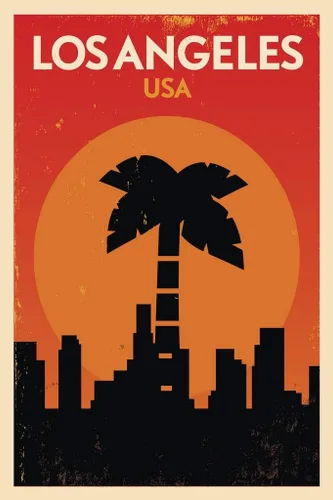 Vista 2 de Póster de viaje retro laminado de Los Ángeles, California, EE. UU., horizonte, palmera, árbol de palmera, arte de pared de borrado en seco, 16 x 24