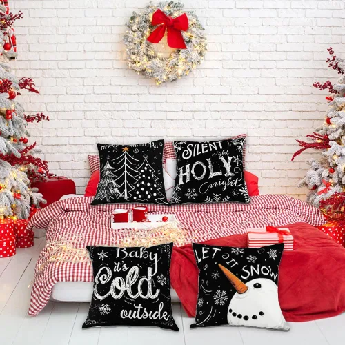 Vista 6 de Vellibring - Fundas de almohada de Navidad - 45.7 x 45.7 cm, diseño de copo de nieve, muñeco de nieve, árbol, decoraciones de Navidad, funda