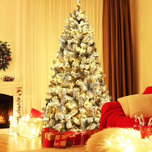 Vista 8 de DREAMADE Árbol de Navidad artificial preiluminado de 6 pies con 600 puntas de ramas de PVC, 250 luces LED blancas cálidas preencordadas, bisagras