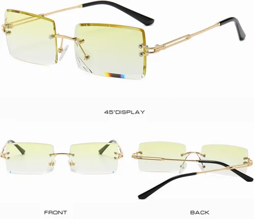Vista 5 de LASPOR Gafas de sol rectangulares sin montura retro para mujeres y hombres, lentes teñidas de metal dorado, sin marco, gafas cuadradas vintage