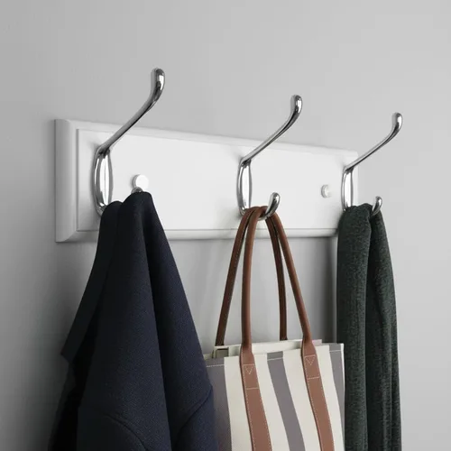 Vista 12 de Perchero de pared con 5 ganchos plateados de madera, 17.3’’, Ganchos resistentes para colgar ropa, sombrero, mochila, etc., Gran decoración moderna