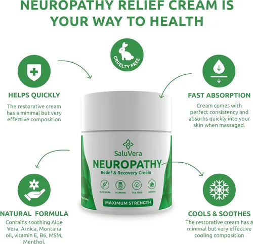 Vista 2 de SaluVera Crema para aliviar el dolor neuropatía – Alivio del dolor nervioso de máxima fuerza para pies, dedos de los pies, manos, piernas con aloe